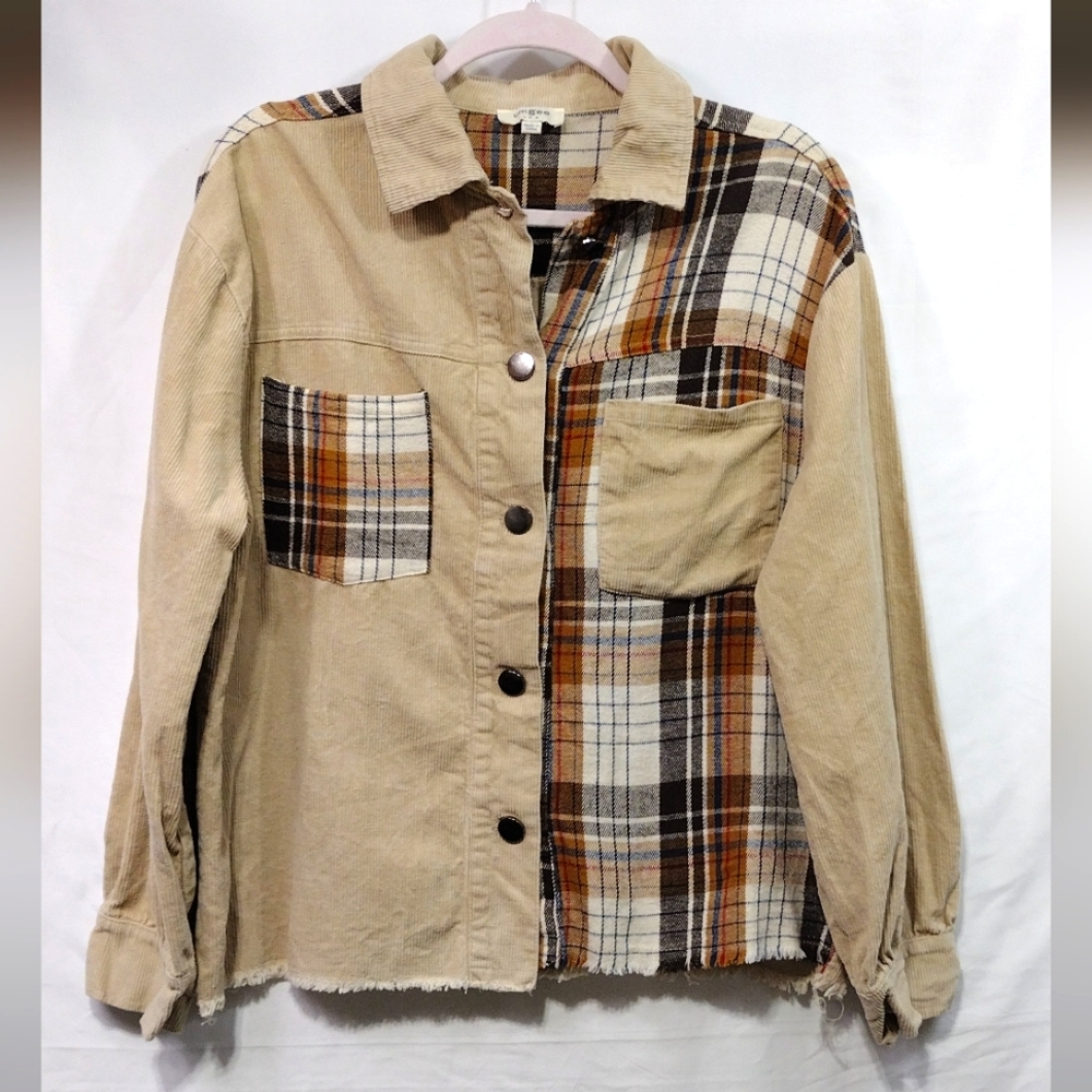 Umgee Button Up Shacket Women's S Cream Plaid Corduroy Mixed Media Boho 90s Y2K